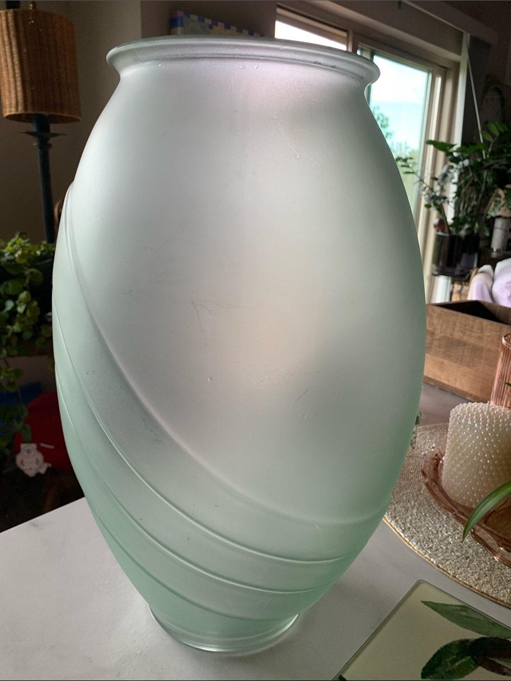 Anchor Hocking 16”H 80’s Art Deco "Crosswinds" frosted green glass vase